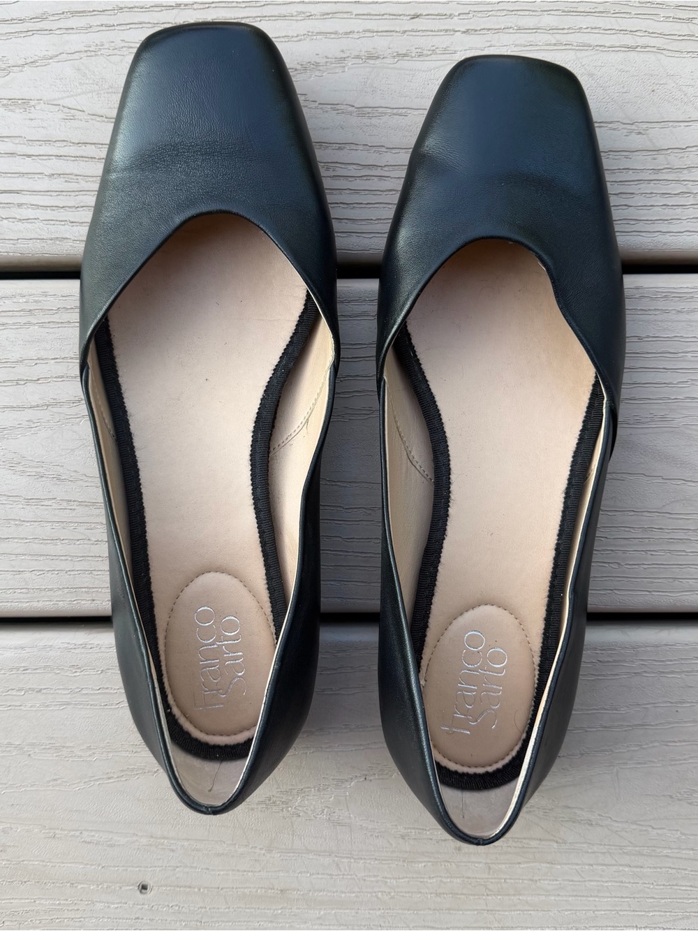 Black Square-Toe Leather Flats with Silver Heel- Women's Casual Slip-On
